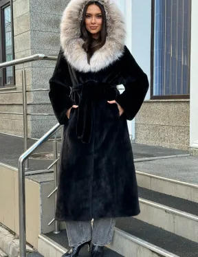 Черная норковая шуба с капюшоном из рыси - фото 5