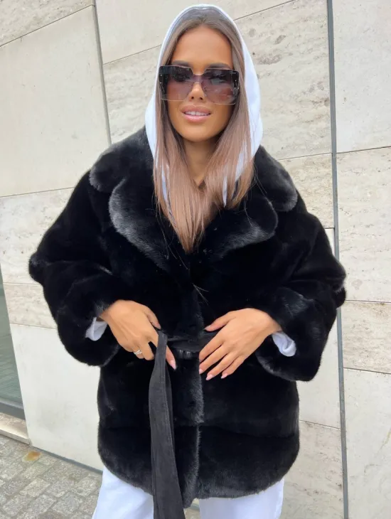 Черная короткая шуба из плюшевой норки Velvet с английским воротником - фото 1