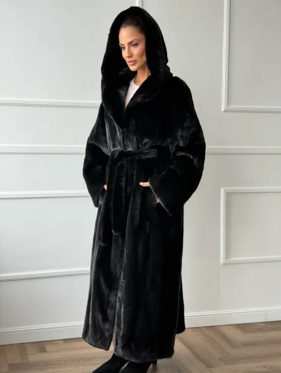 Чёрная норковая шуба модель «кимоно» с капюшоном кобра - фото 7