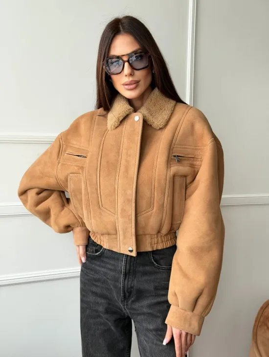 Зимняя женская дубленка - бомбер - фото 0