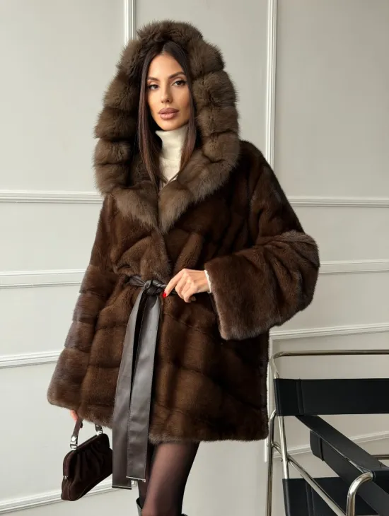 Шуба норка - кимоно с капюшоном - фото 10