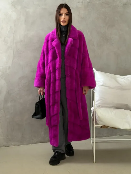 Длинная норковая шуба - цвет фуксия - фото 7