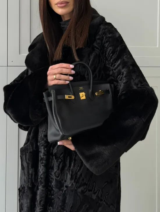 Черная шуба из каракуля с норкой - фото 1