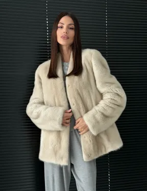 Светлый норковый жакет V-образный воротник - фото 12