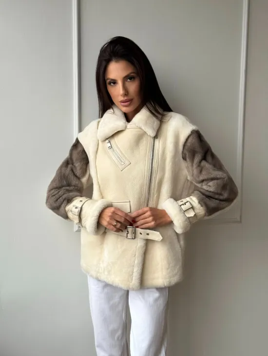 Дубленка из натуральной овчины с рукавами из меха норки - фото 11