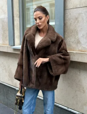 Норковый полушубок с английским воротником - цвет орех - фото 5