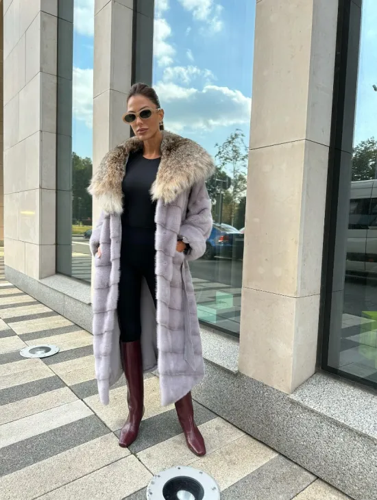 норковая шуба с капюшоном из меха рыси цвет серый сапфир - фото 5