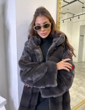 Норковая шуба в цвете графитовый уголь с капюшоном - фото 0
