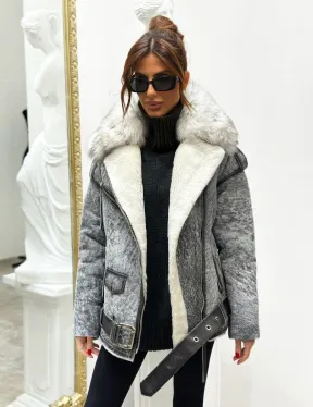 Дубленка из натуральной овчины - цвет серый - фото 3