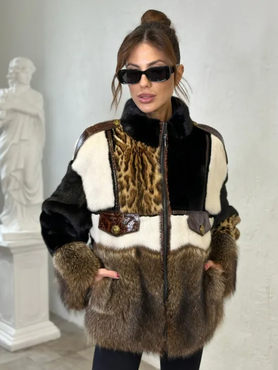 Комбинированная норковая курточка на молнии - фото 0