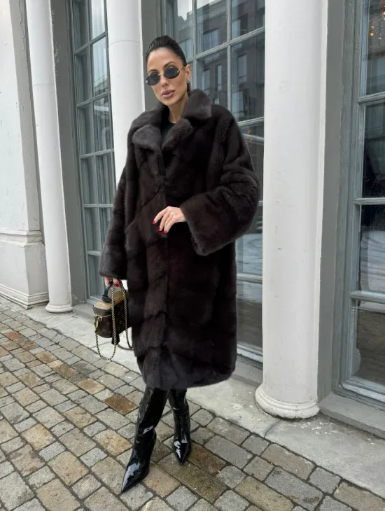 Норковая шуба с английским воротником - цвет уголь - фото 0