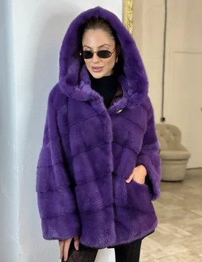 Паркет шуба с капюшоном - фиолетовый цвет - фото 2