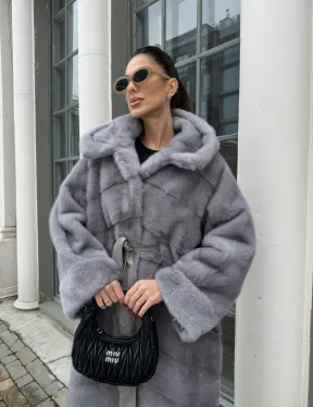 Норка кимоно паркет с капюшоном - цвет серый сапфир - фото 0