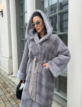 Норка кимоно паркет с капюшоном - цвет серый сапфир - фото 3