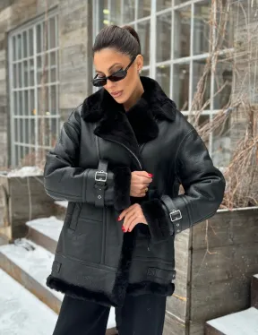 Черная дубленка авитор на овчине - фото 4