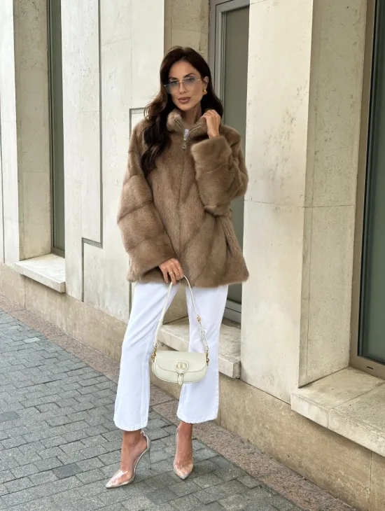 Короткая норковая шуба на молнии - цвет пастель - фото 10