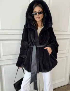 Норковый жакет с капюшоном, роспуск - цвет графит - фото 3