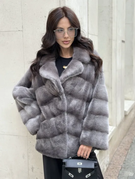 Норковый полушубок с английским воротником - цвет Platinum - фото 0