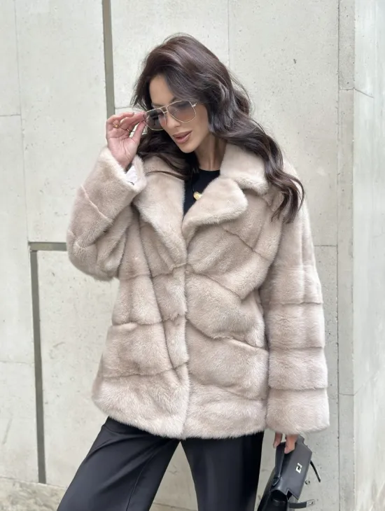 Шуба из меха норки английский воротник пудра - фото 6